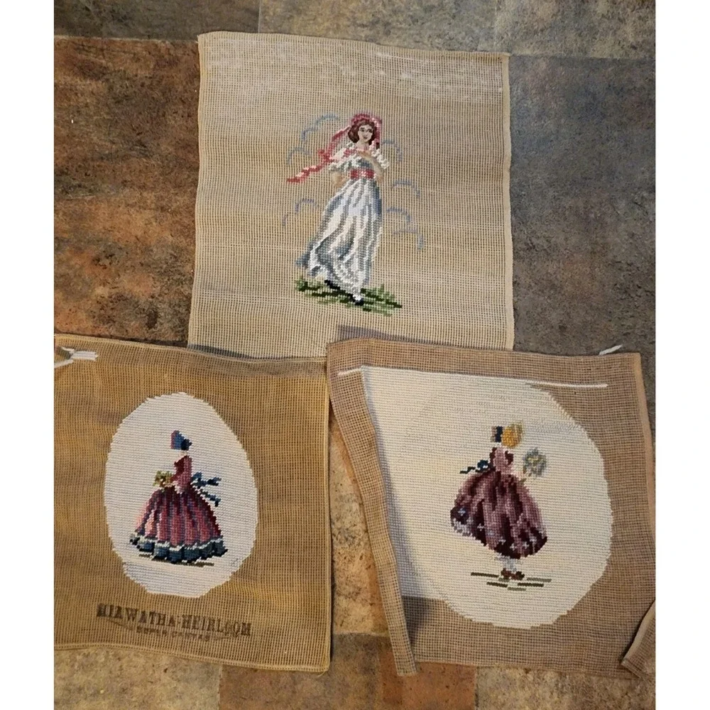 Vintage Lot Of 3 French Finished Cross Stitch Tapestries Pinkie Crinoline Ladies